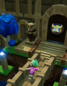 the photo is a screenshot from the Lumi Nova app, which shows a birds eye view of the main character walking along a bridge up to a massive door with an owl symbol