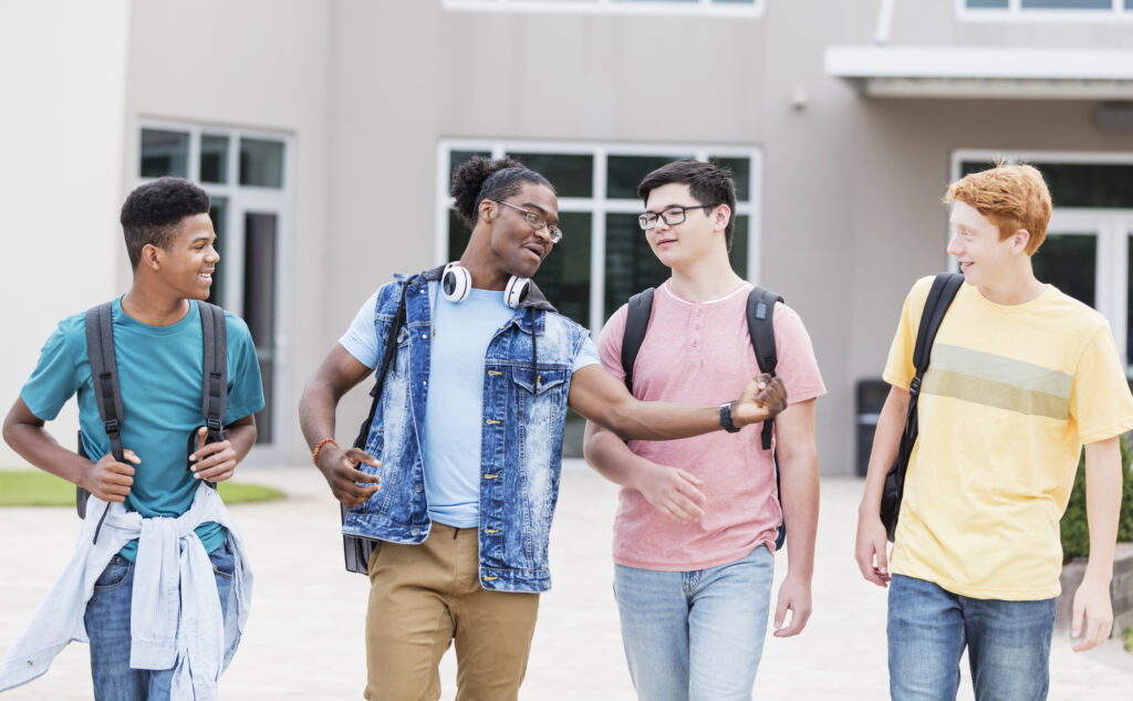 The photo shows a multi-ethnic group of four teenage boys conversing as they walk outside their school building. They are a diverse group, 15 to 17 years old, including two African-British, a mixed race Caucasian/Asian and a redhead.