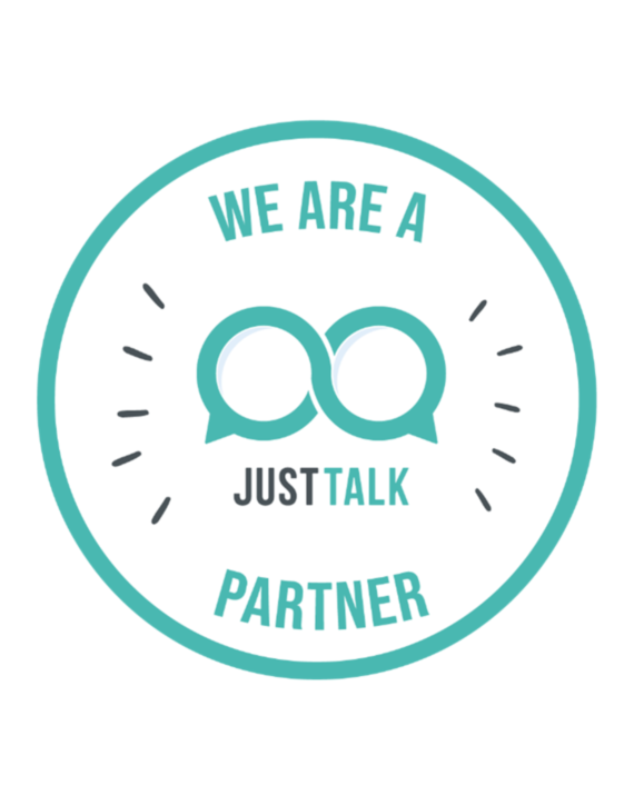the white Just Talk logo that says We are a Just Talk Partner