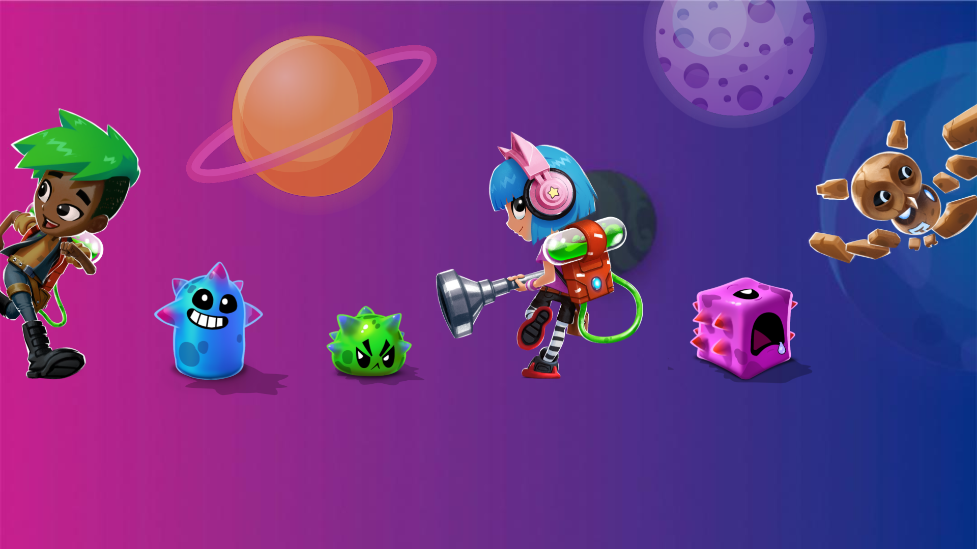 the image shows a female Lumi Nova character with blue hair in space, holding a vacuum cleaner and wearing pink headphones