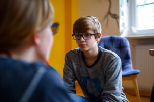 A boy with glasses talking with his counsellor